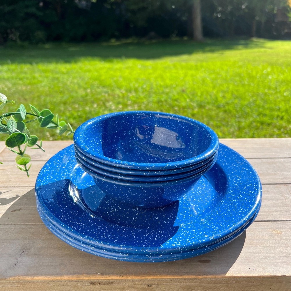 Vintage Blue and White Speckle Enamelware Plates and Bowls | Set of 8